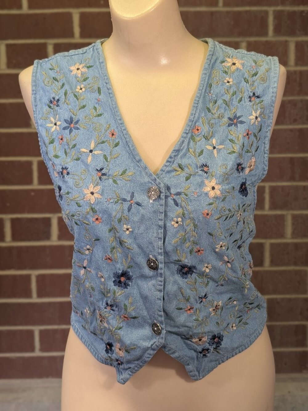 90s Tantrums Embroidered Floral Denim Vest Cottagecore Western Boho Fairycore M